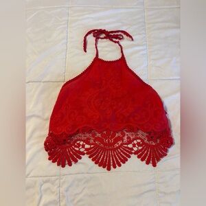 Kimchi Blue Red Lace Halter Crop Top Boho Crochet Festival Bralette Size Small
